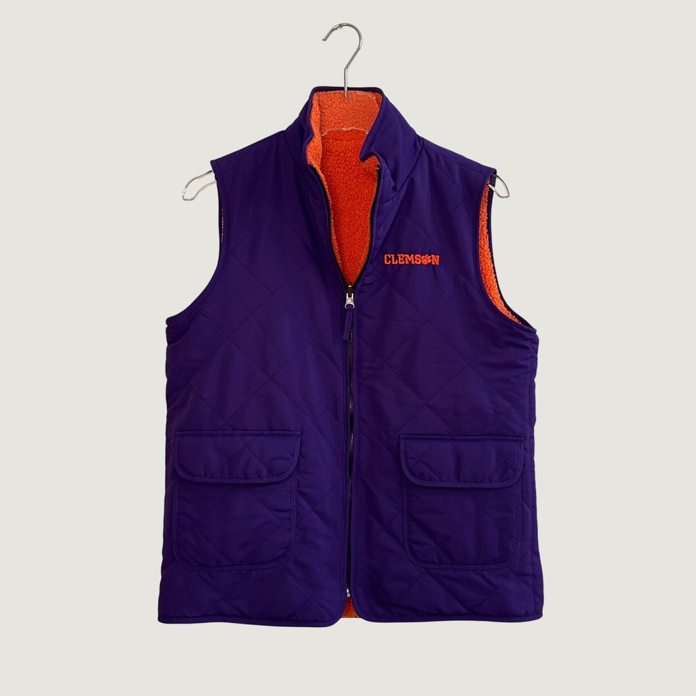 Womens Colosseum Clemson Reversible Quilted Sherpa Fleece Vest Purple Orange M